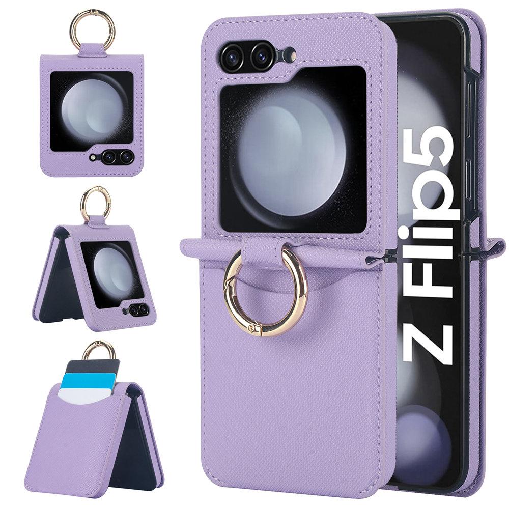 Cross Stripes Leather Ring Phone Case For Samsung Galaxy Z Flip 7 7FE 6 5 4 3 Credit Cards Holder Back Cover For Galaxy Z Flip 6
