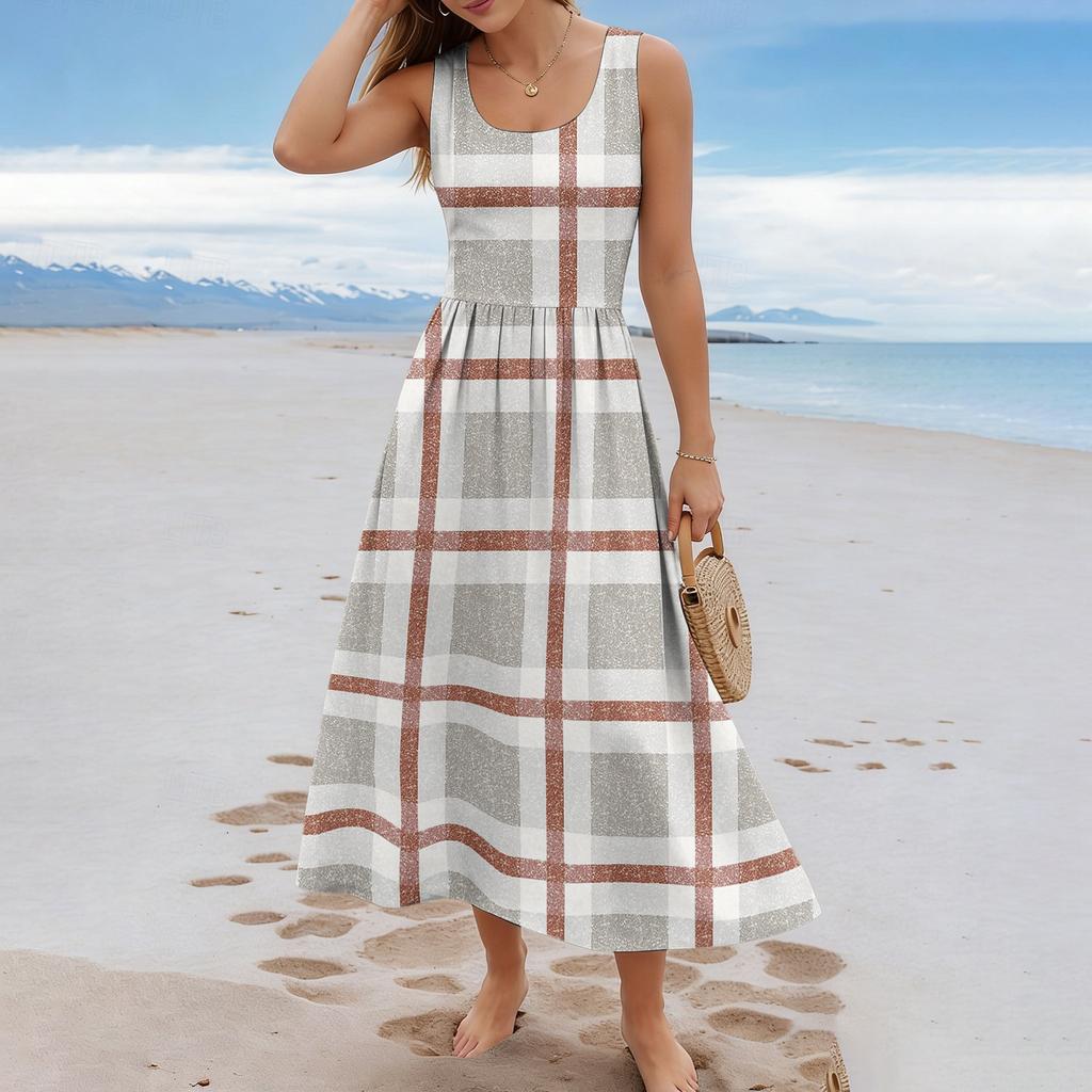 Ladies' Checkered Summer Casual and Fashionable Sleeveless Long Dress