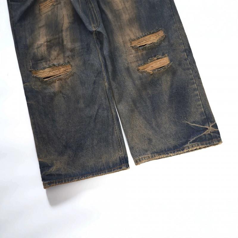 Mens Vintage Distressed Wide Leg Denim Jeans With Washed Fade Effect Loose Fit High Street Style