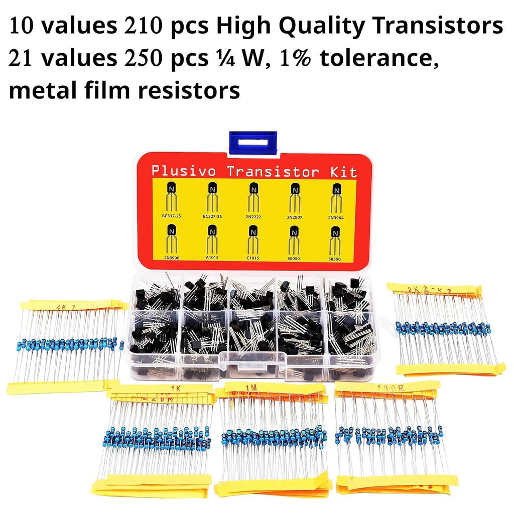 Transistors Assortment Kit with Resistor Pack, 210 PNP and NPN BJT Transistors with 250 1/4 W metal film Resistors - Bipolar Transistors 2N3904