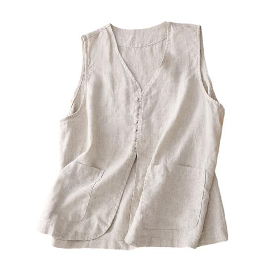 

Хлопковый льняной жилет для женщин, летние кардиганы без рукавов, повседневные пуговицы, короткая куртка, жилет с карманами M бежевый