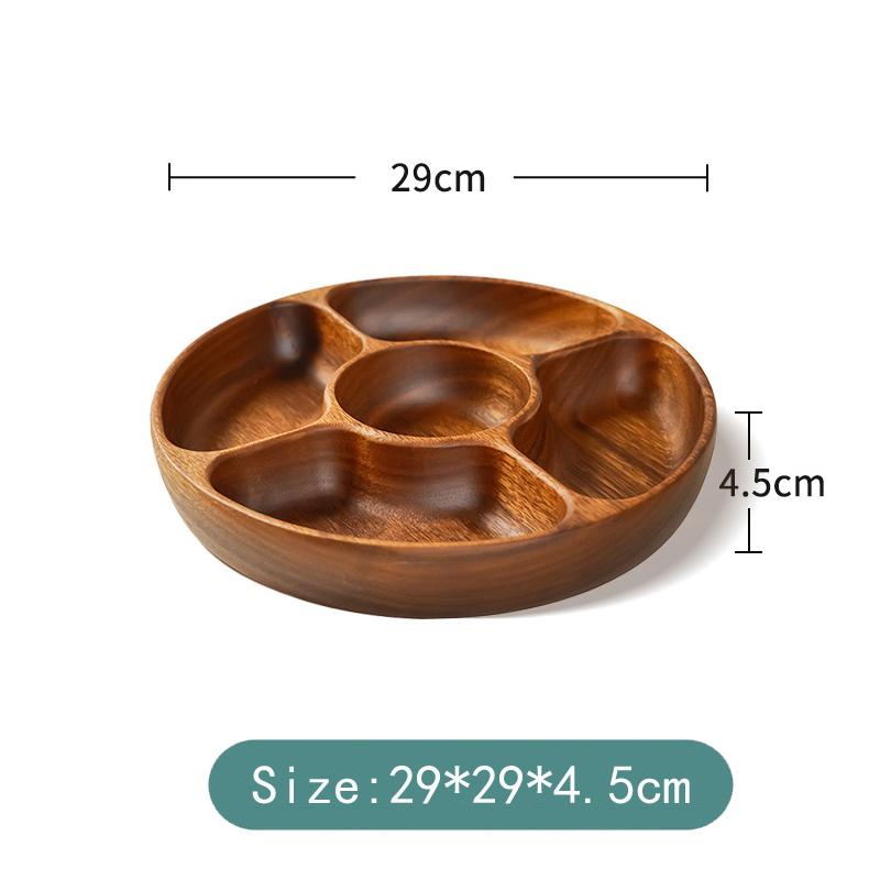 HeMu-Acacia Wood Solid Wood Dried Fruit Snack Plate, Salad Bowl, Multi-cell Snack Plate, Chinese Style