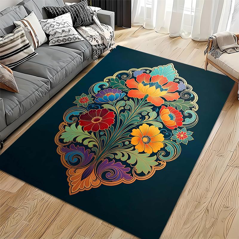 Colorful Floral Pattern Carpet, Bohemian Style, Dark Green Base Suitable for Use As an Anti-slip for Living Room Bedroom Sofas