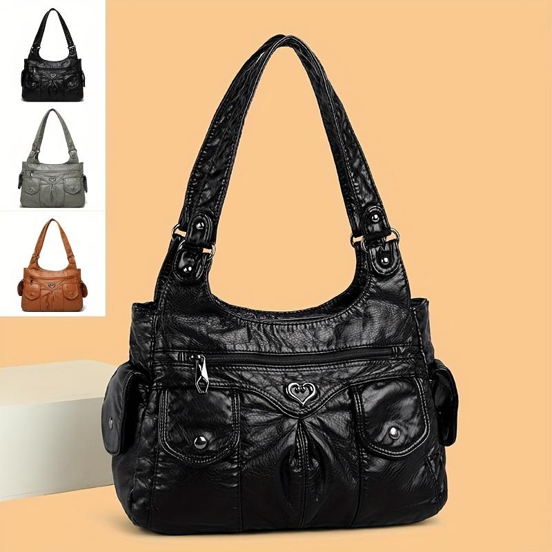 Umhängetasche mit großem Fassungsvermögen, Handtasche aus einfarbigem PU-Leder mit Herzschnalle, All-Match-Umhängetasche für Damen