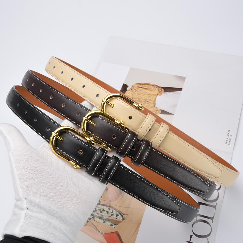 New Korean Version Retro Top Layer Cowhide Belt for Women Simple Black Versatile Genuine Leather Belt Retro Gold Buckle Jeans Belt