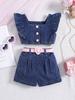 Girls' Fashion Set, Summer Children's Casual Square Neck Lantern Sleeve Top, Patterned Pleated Skirt Set