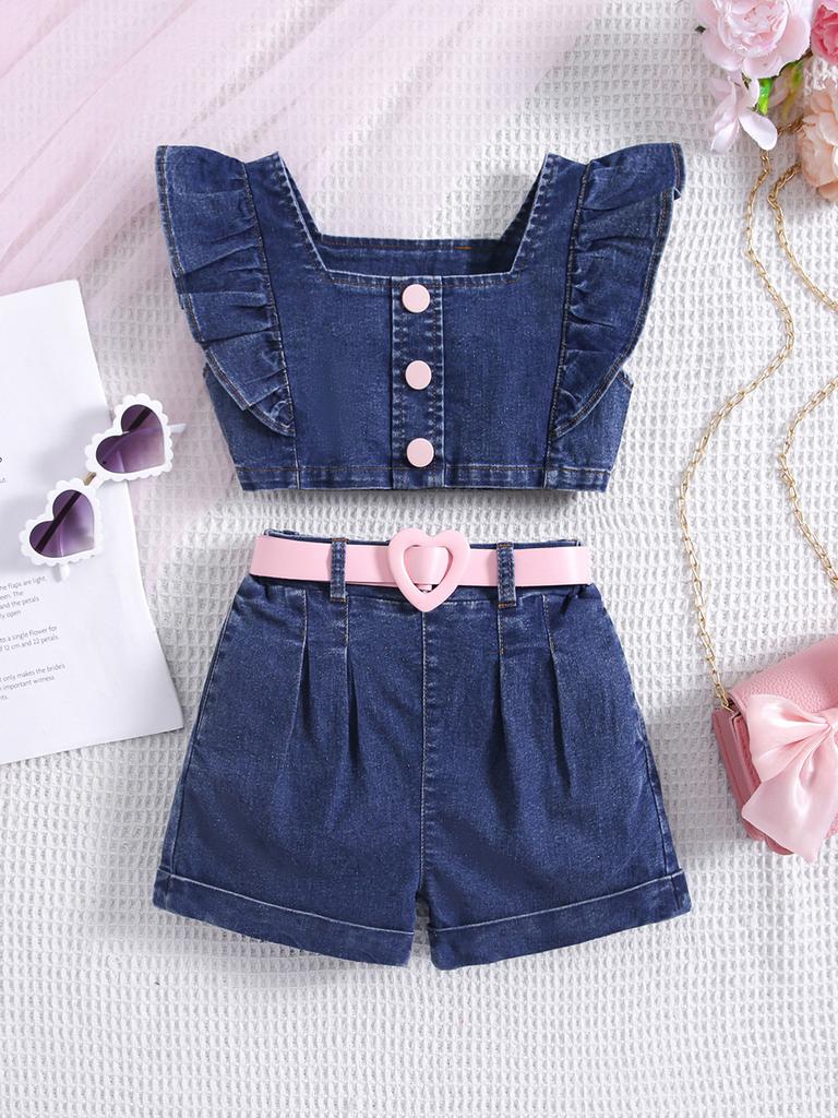 Girls' Fashion Set, Summer Children's Casual Square Neck Lantern Sleeve Top, Patterned Pleated Skirt Set