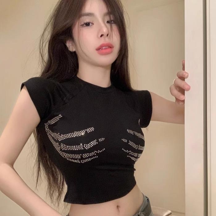 Spicy Girl Rhinestone Short Sleeve Crop Top - Women's Summer Sexy Petite Casual Slim Fit T-Shirt