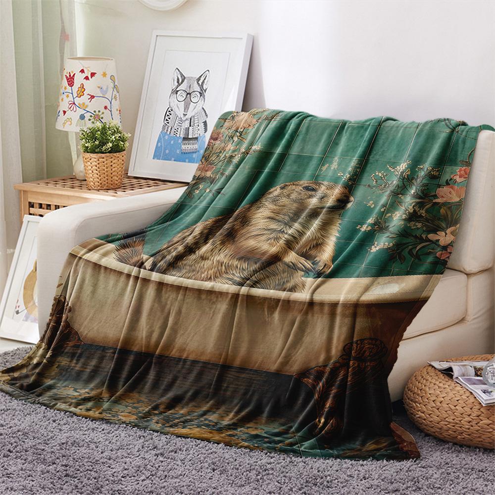 1PC Cute Little Groundhog  Print FlAannel Blanket, High Quality Comfortable for All Seasons, Home Decor, Warmth and Comfort