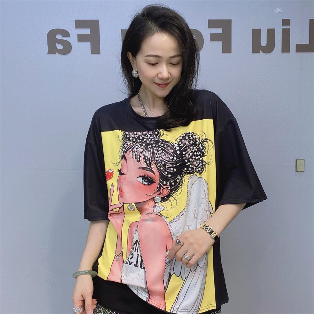 

Summer Loose O Neck Short Sleeve T Shirts Women Cartoon Girl Printed Diamonds Beading Casual Female Tops Tee Womens Clothes one size