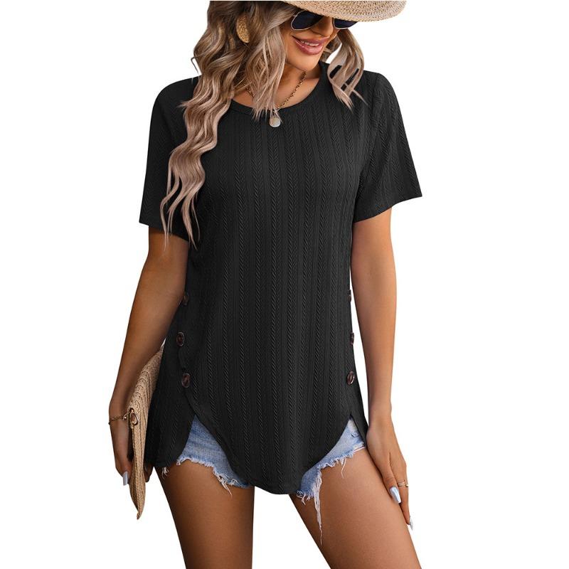 Summer Round Neck Jacquard Blouse Short Sleeve Women Buttons Top Casual Loose Long T-shirt Elegant Fashion Split Female Simple Tee Shirts 341