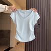 Women's Summer Slimming Pleated V-Neck Cropped T-Shirt, Pure Cotton, Short-Sleeved, Trendy 2026.