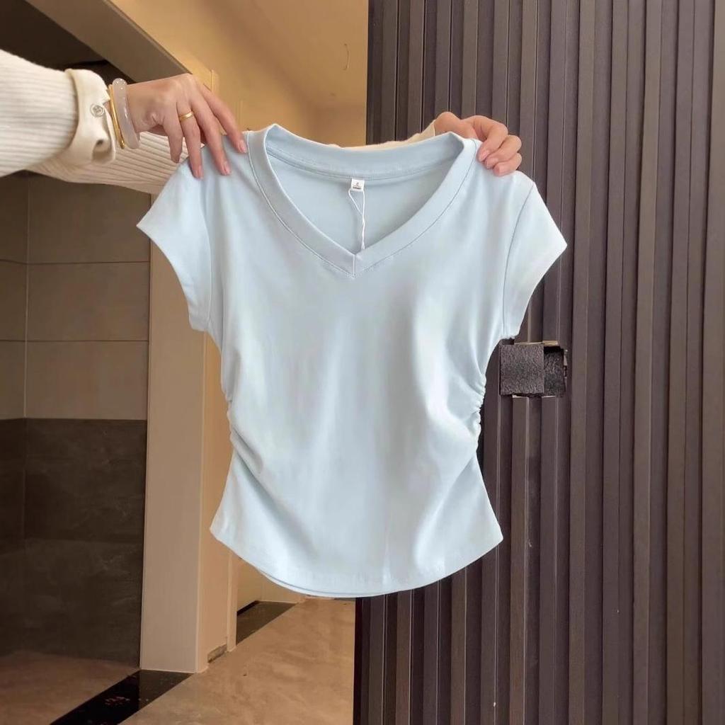 Women's Summer Slimming Pleated V-Neck Cropped T-Shirt, Pure Cotton, Short-Sleeved, Trendy 2026.