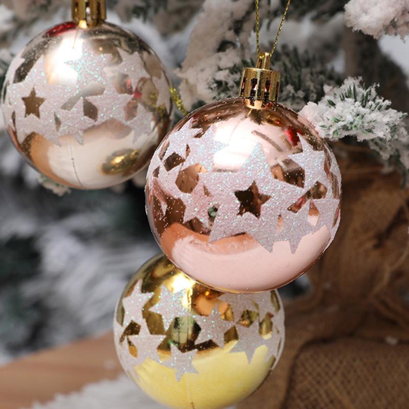6Pcs 6cm Star Pattern Round Ball Christmas Tree Decor Electroplating Plastic Ball Xmas Hanging Ornament