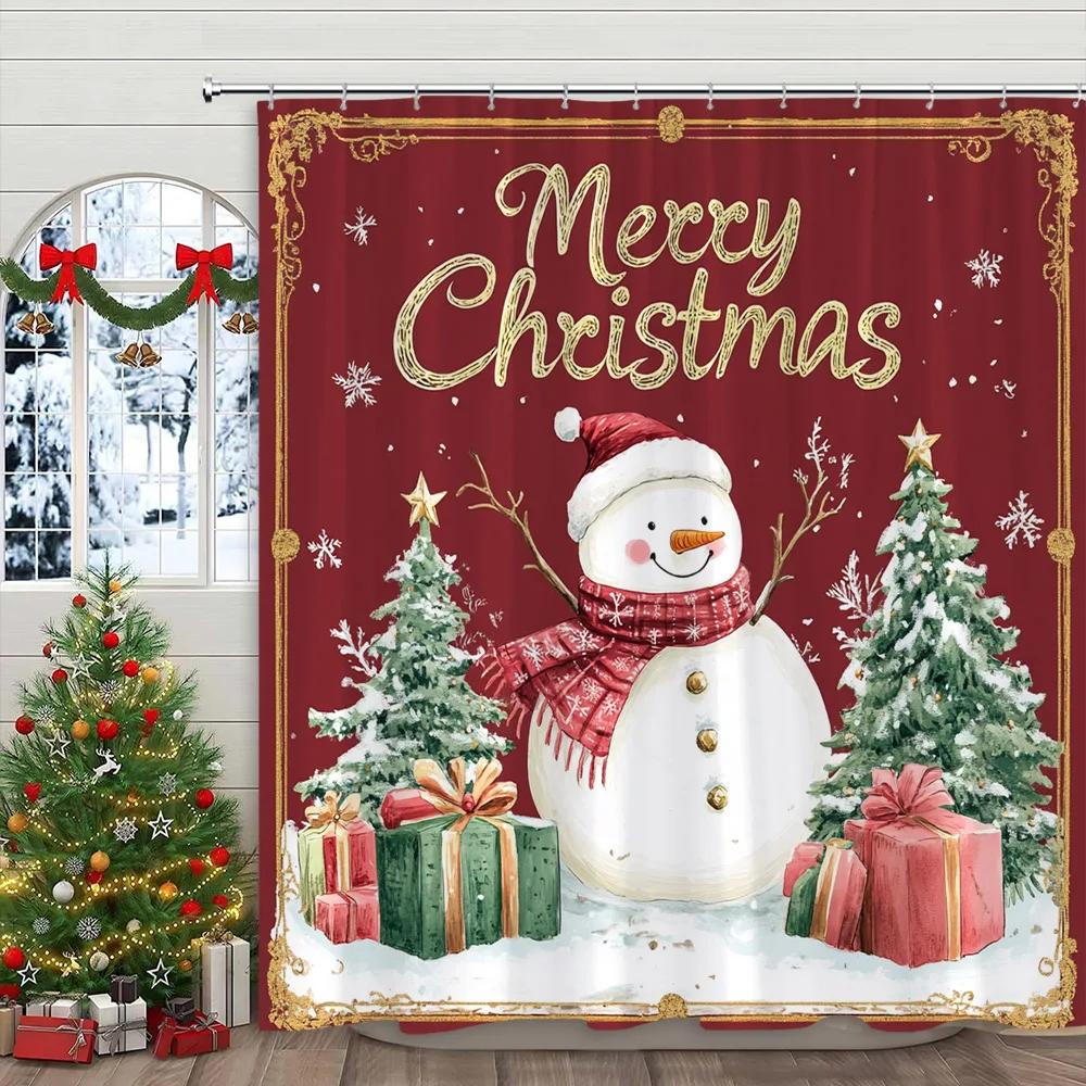 Pink Christmas Printed Shower Curtain Cute Snowman and Christmas Tree Gift Polyester Shower Curtains Bathroom Decor with Hooks