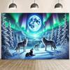 2D Full Moon Wolves Tapestry Northern Lights Photography Background