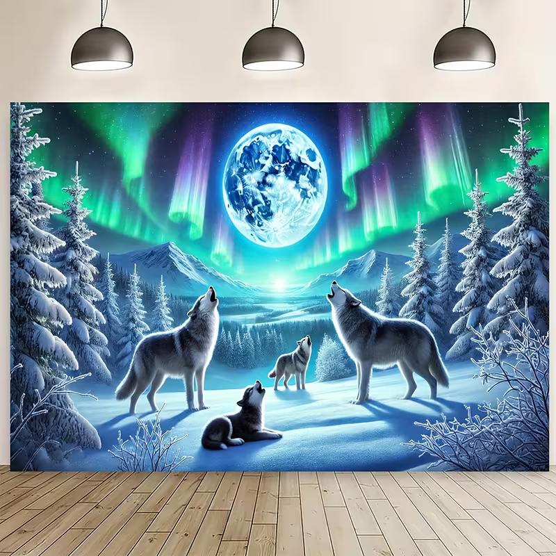 2D Full Moon Wolves Tapestry Northern Lights Photography Background