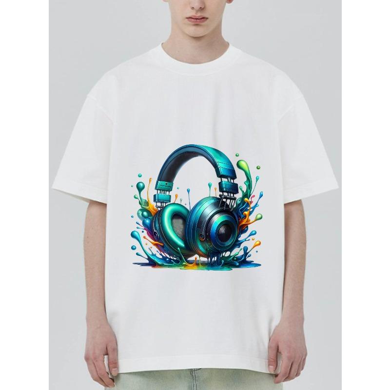 Black T Shirt with Colorful Headphones Splash Design for Music Lovers and Casual Wear