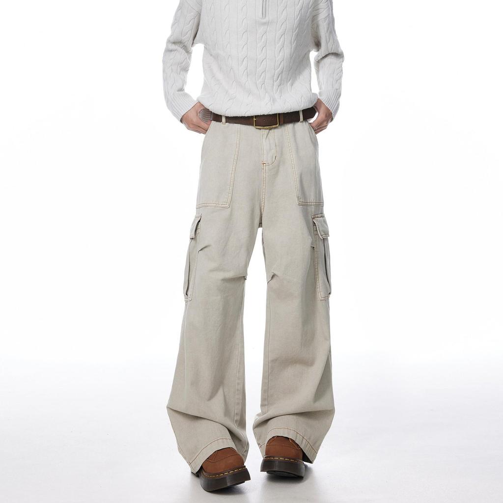 Unisex Japanese Retro Pleated Work Pants: Autumn/Winter Trend, Multi-Pocket, Wide-Leg Casual High Street Style