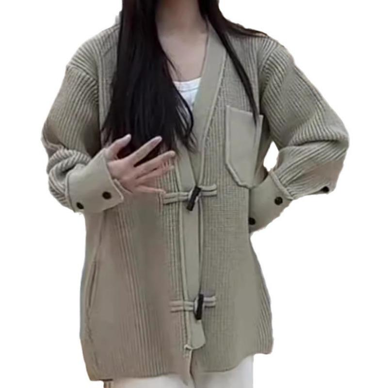 Autumn and winter new large size loose lazy wind horn buckle knitted cardigan top women wear sweater coat thick