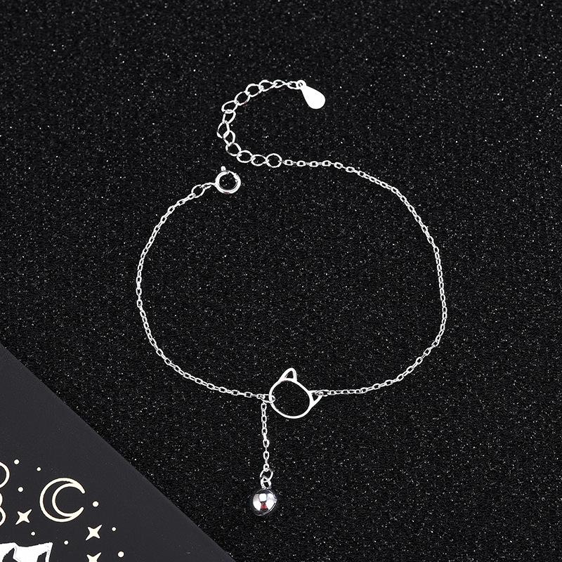 S925 Silver Bracelet for Women Korean Style Small Fresh Cute Cat Bell Bracelet Forest Animal Cat