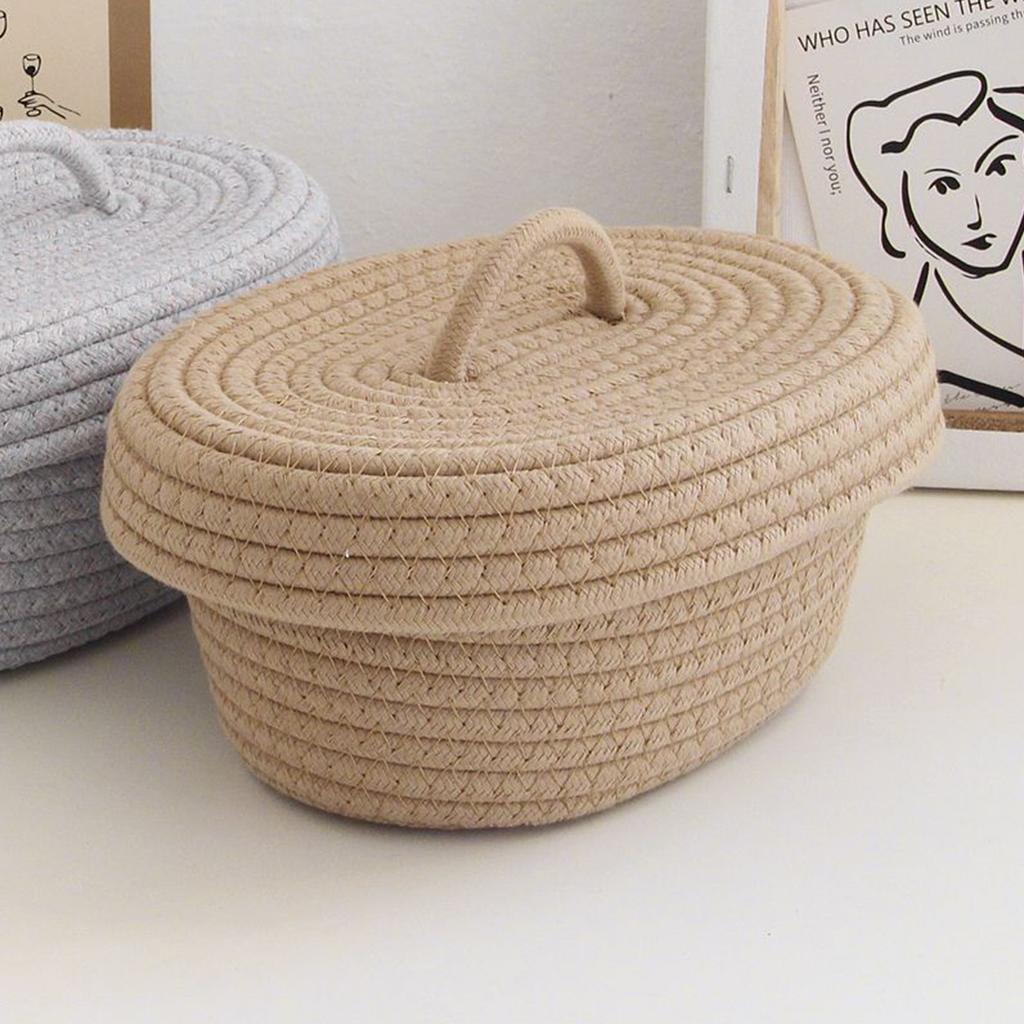 Desktop Storage Box with Lid Handmade Cotton Rope Storage Basket for Makeup Sundries Snack Needles