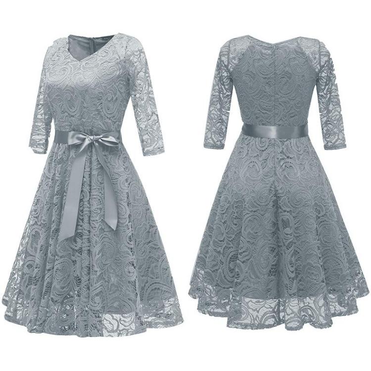 Vintage Floral Lace Bridesmaid Dress 3 4 Sleeve A Line with Ribbon Belt Tea Length Cocktail Party Evening Occasion Outfit Day Wear