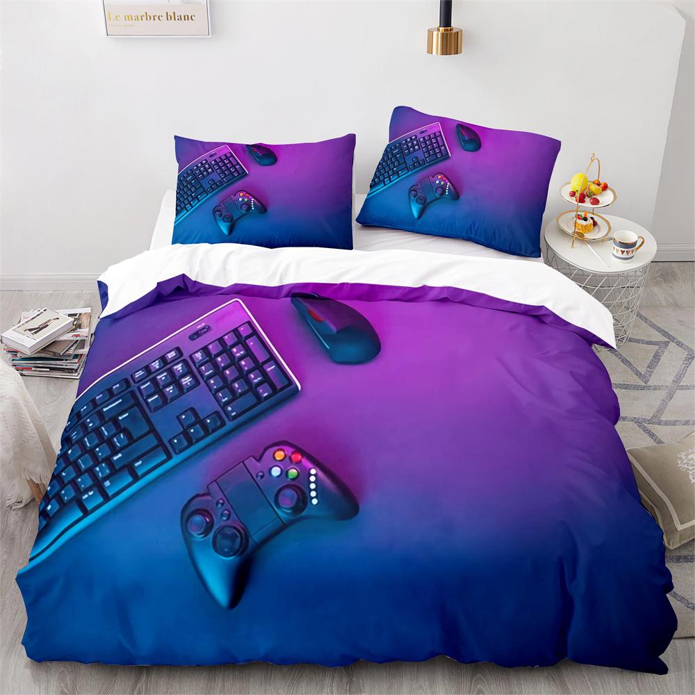 3pcs Bedding Set Purple Red Pink Blue GamePad Print Cozy Soft Duvet Cover King Queen Twin Size Birthday Gift Boys Bedroom Decor