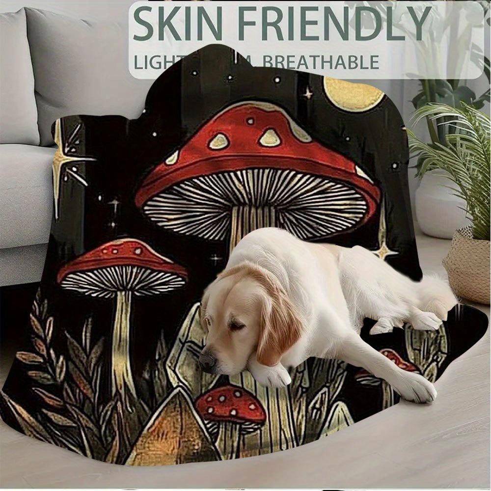 1pc 60x80 Inch Single-Sided Printed Blanket - Mystical Forest Design with Mushrooms, Crystals & Celestial Stars, Retro Style