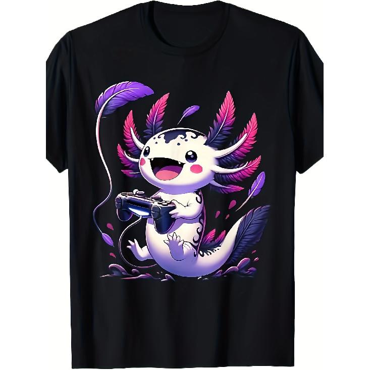 [Cute Axolotl T-Shirt] Cotton Men'S Casual T-Shirt| Short Sleeve, Round Neck, Machine Washable, Cute Axolotl Gaming Design, Perfect for Everyday