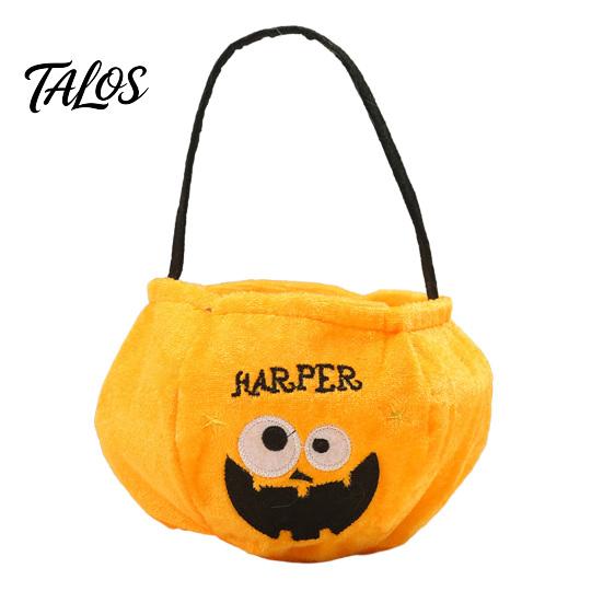 Halloween Süßes oder Saures Eimer, 9,8x5,9 Zoll Kürbis Hexe Schwarze Katze Plüsch Tragetasche, Weicher Süßigkeitenkorb mit Griff für Halloween Party Mitgebsel