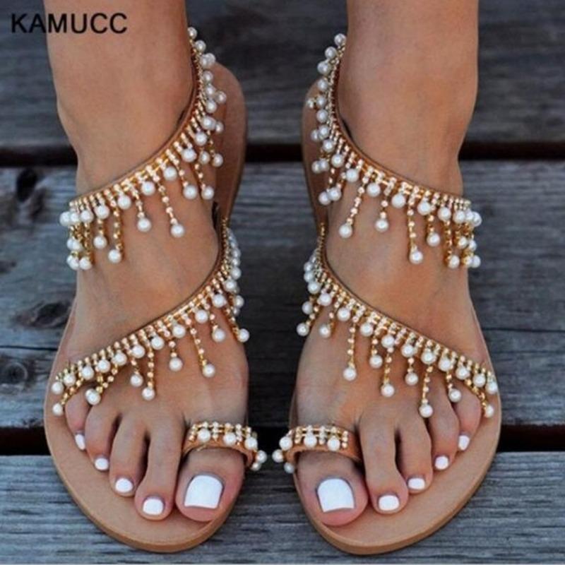 Fashion 1 Pair Women Beach Sandals Faux Pearl Tassels Flat Dressy Ankle Strap Open Toe Lightweight Women Casual Sandals Shoes