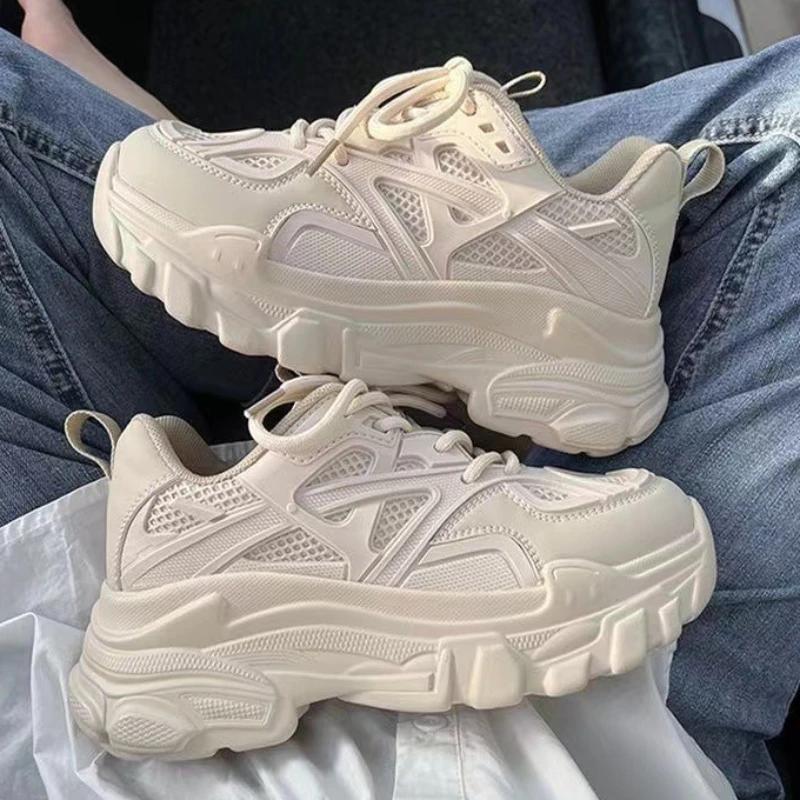 Fashion Chunky Sneakers Women Genuine Leather Mesh Breathable Patchwork Round Toe Lace-Up Thick Sole Ladies Handmade Shoes