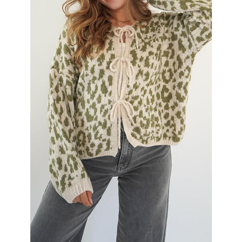 New In Leopard Print Round Neck Lace-up Knitted Cardigan Women Autumn Winter Trendy Streetwear Sweater Coats