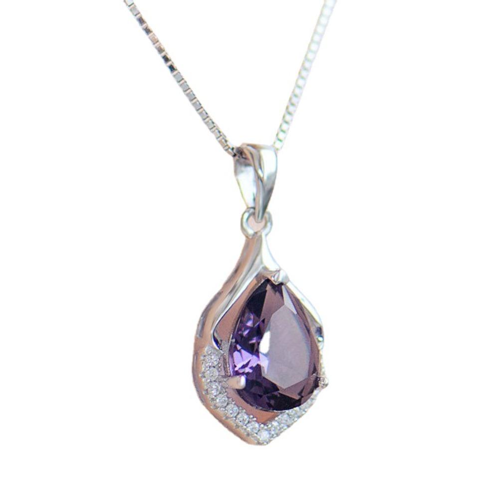 925 Silberplattierte Halskette für Damen mit synthetischem Amethyst-Anhänger Elegante Schlüsselbein-Ketten-Schmuckstücke