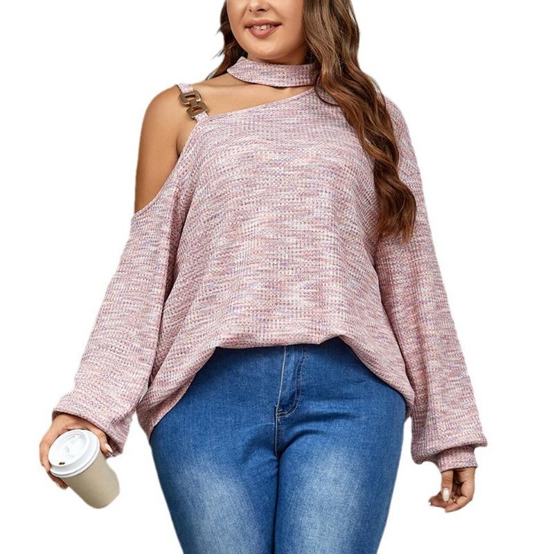 Plus Size Women S Knitted Loose Slanted Neck Solid Color Long Sleeve Top