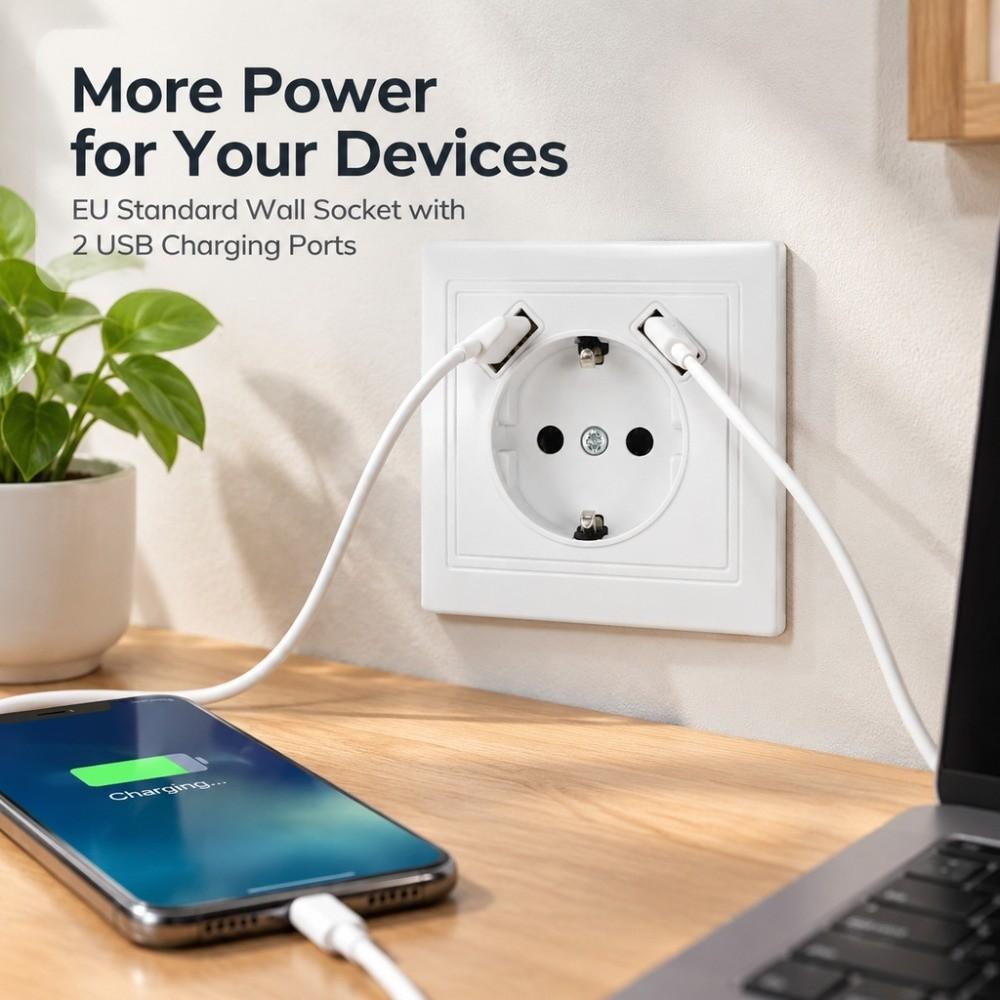EU Standard Wall Socket with 2 USB Power Wall Outlet Schuko Socket with USB  Hotel Installation