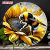 D Flat Pc Vintage Bee Sunflower Metal Wall Art Rustic Farmhouse Decor with Bumblebee Pollination Design Cm Roun