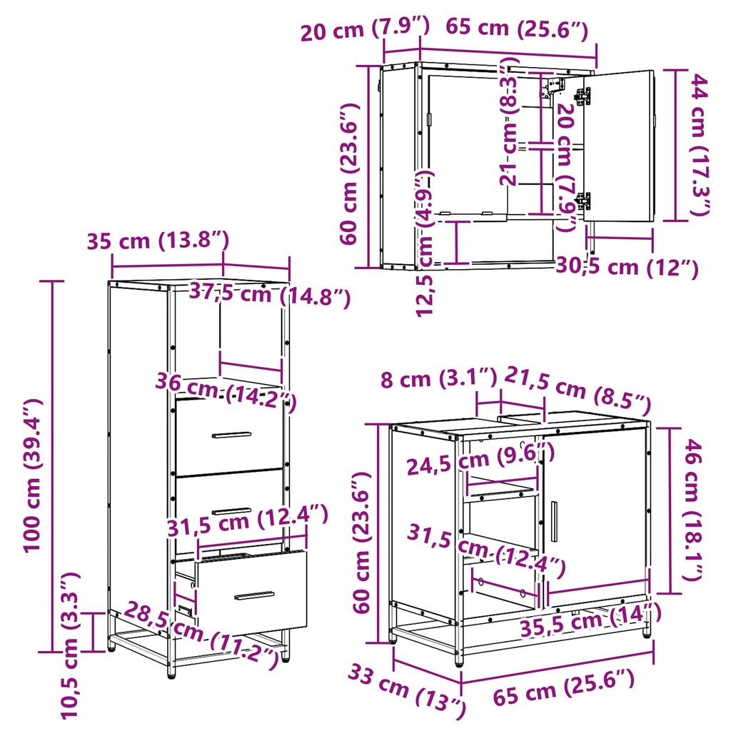 Bathroom Furniture Set 3 pcs Reclaimed Wood 65 x 33 x 60 cm