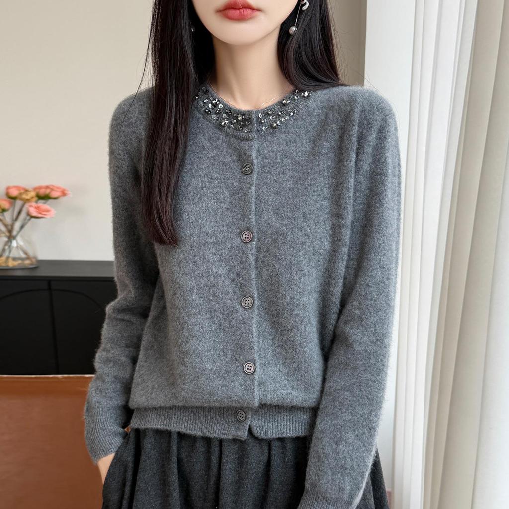 Autumn/Winter 2026 Women's Pure Wool Rhinestone Knit Cardigan - Round Neck, Long Sleeve, Solid Color