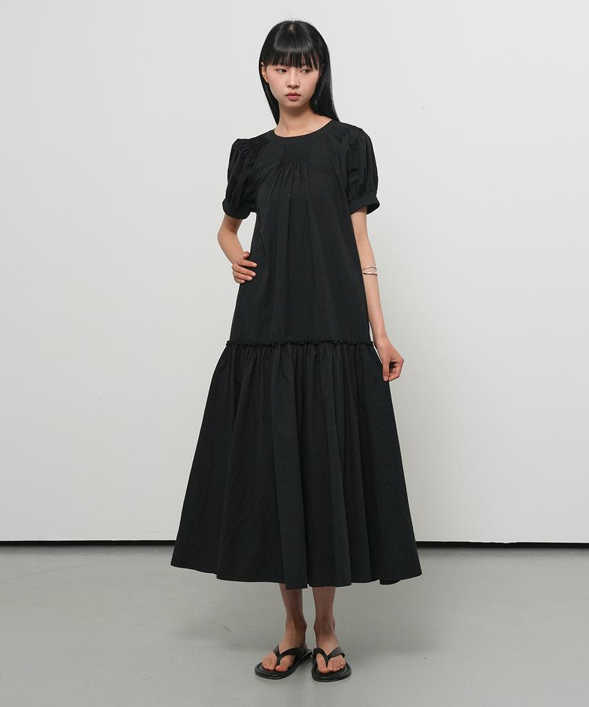 General Idea Puff Sleeve Pintuck Long Dress [Black] / Gf2Lop520