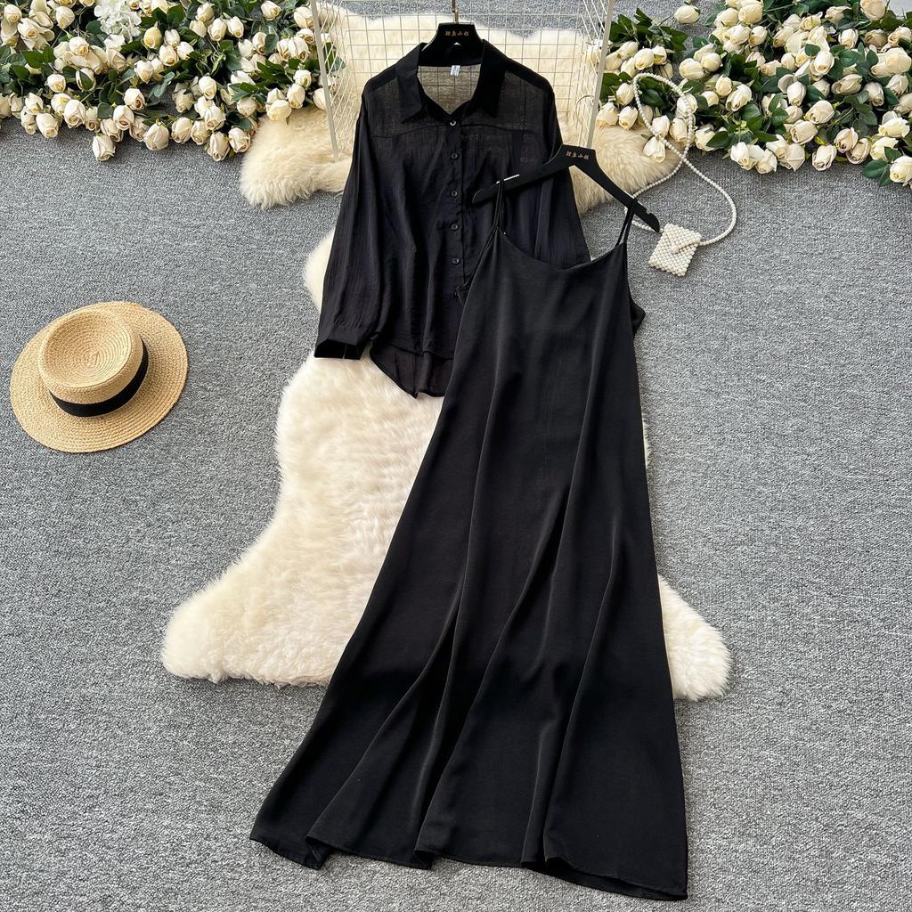 Temperamentsfullt todelt sett for kvinner, nisje lat yttertøy med tynn, løstsittende langermet solskjortejakke + selerkjole