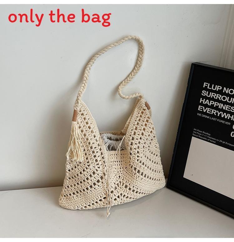 Woven Beach Bag With Large Capacity Tassel Drawstring For Summer Vacation And Casual Travel