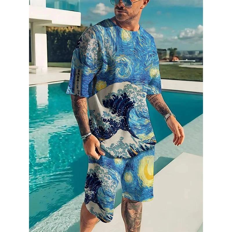 Van Gogh La Notte Stellata Dipinto Stampa 3D Uomo Tute Set Uomo Streetwear Pantaloncini 2 Pezzi Tuta Sportiva Uomo Abbigliamento