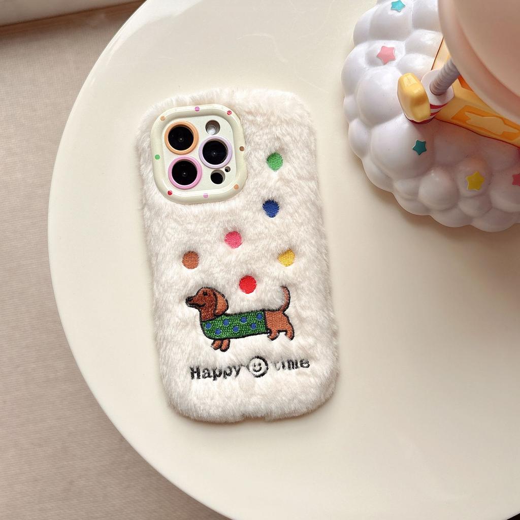 Autumn and Winter Plush Dachshund Mobile Phone Case for Apple 16PROMAX Trend 15 Fine Hole 13 Lens Holder 11