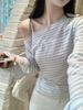 Chic Lace Patchwork Striped Off-the-Shoulder Long-Sleeve T-Shirt for Women in Korean Style
