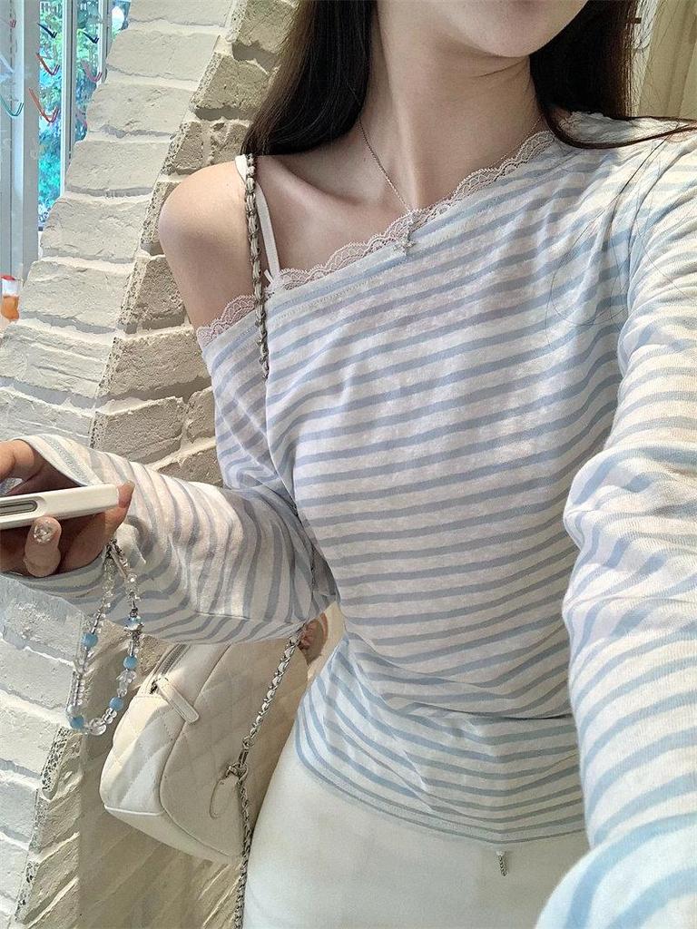 Chic Lace Patchwork Striped Off-the-Shoulder Long-Sleeve T-Shirt for Women in Korean Style