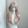 Wig for Women - Pink Long Hair with Misty Pink Blonde Highlights, Long Curly Hair with Straight Bangs, Japanese-style Kawaii Natural Full Lace Wig