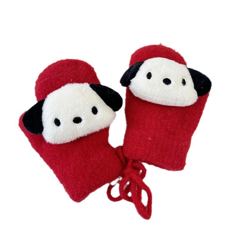 New Children's Gloves Cute Cartoon Doll Knitted Mittens Winter Warm Plus Velvet Thickened Hanging Neck Gloves