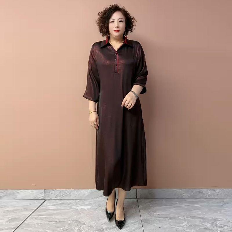 Women’s Silk Dress Summer Lapel Plus-size Dress Solid Color Soft Skin-friendly Breathable Silk Long Dress